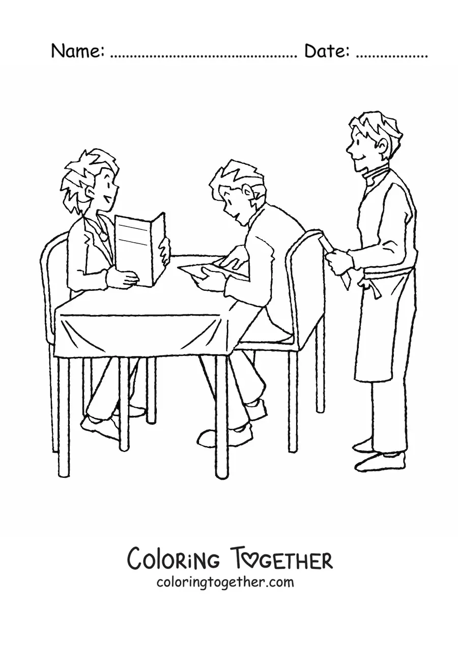Coloring page of a waiter working at a restaurant