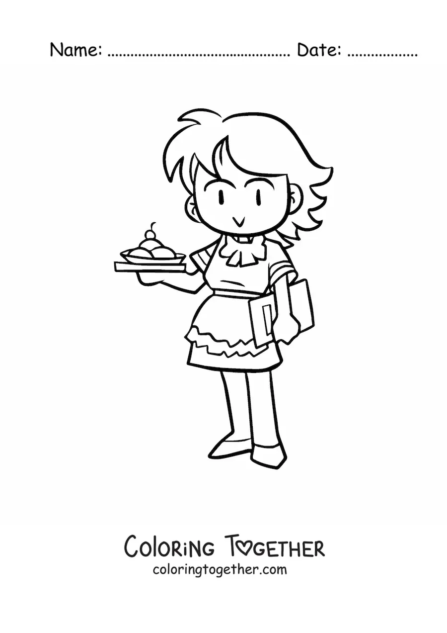 Coloring page of a waitress at a cafe