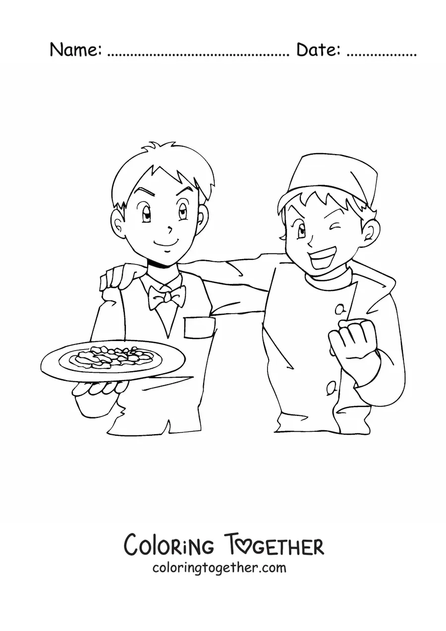 Coloring page of an anime style waiter and chef at a restaurant
