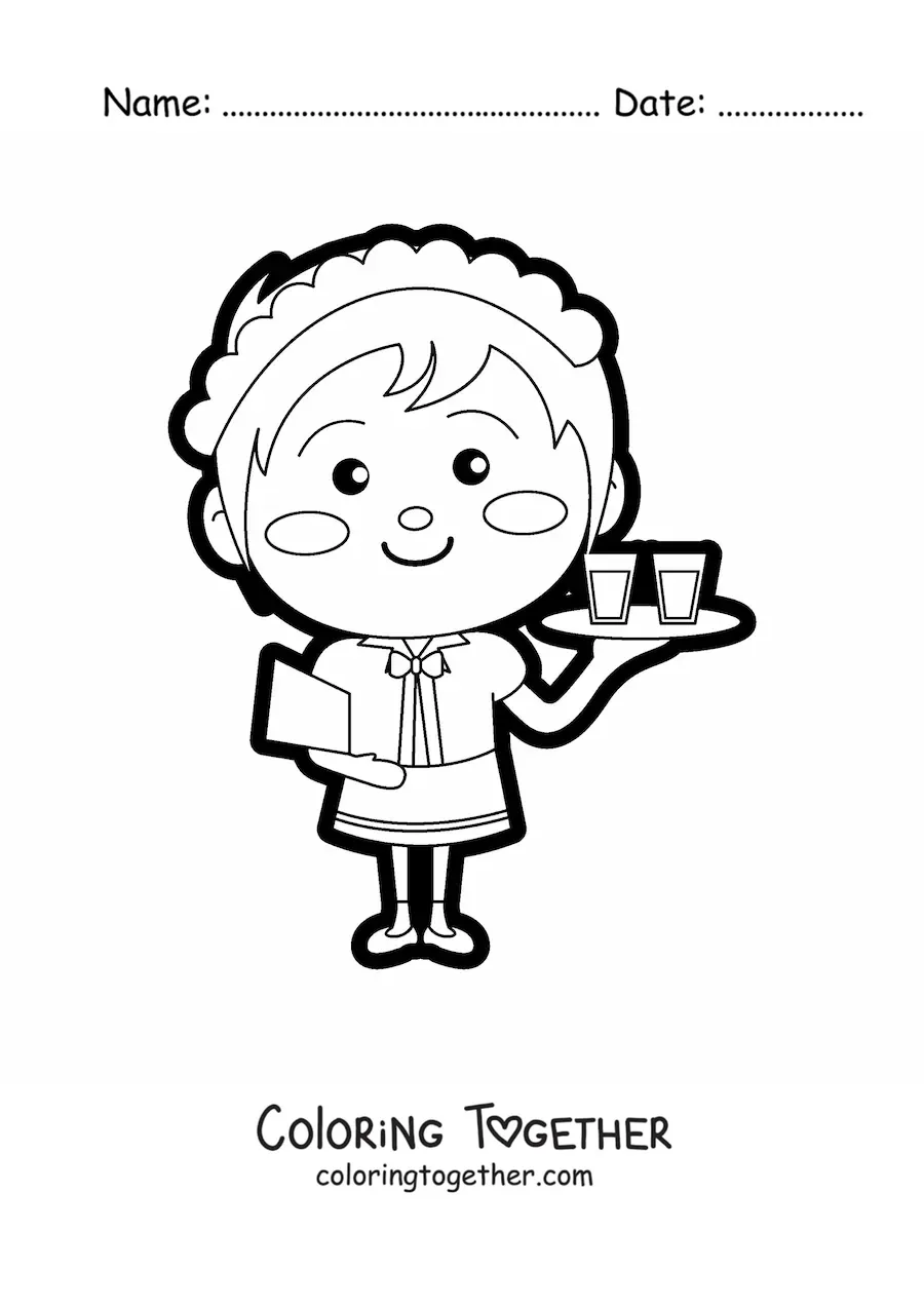 Coloring page of a kawaii waitress