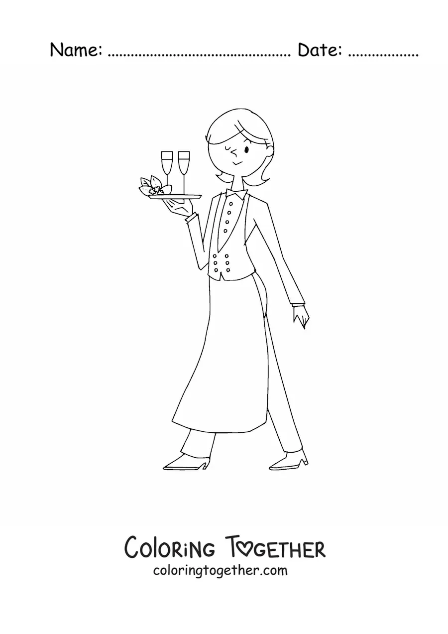 Coloring page of a woman working as a waitress
