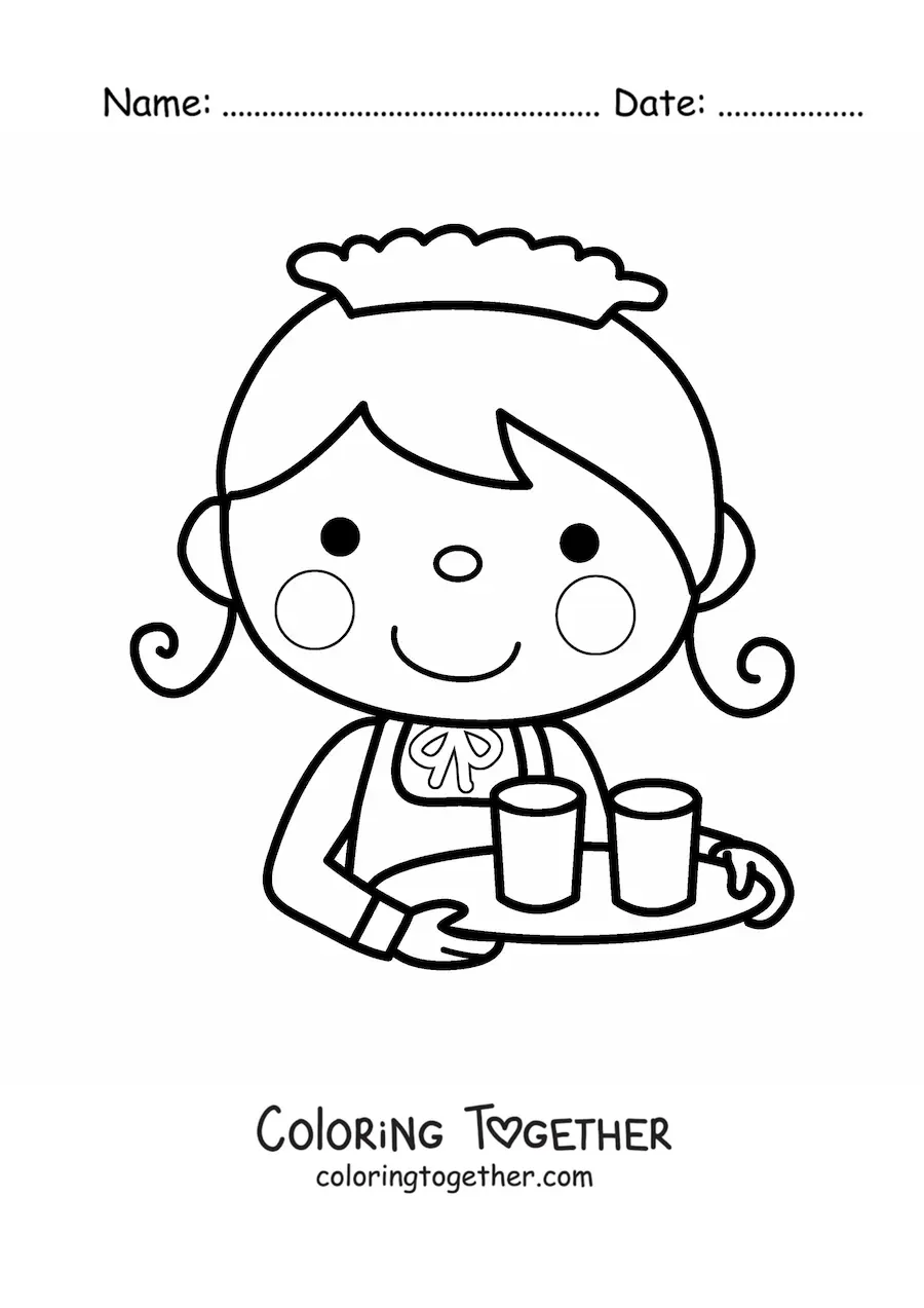 Coloring page of a kawaii waitress carrying a tray with glasses