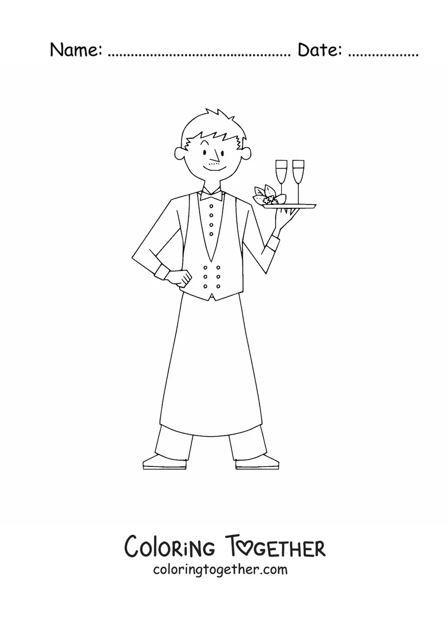 Coloring page of a man working as a waiter