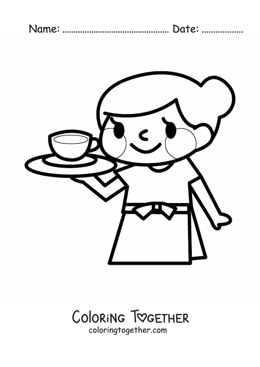 Coloring page of an easy kawaii waitress