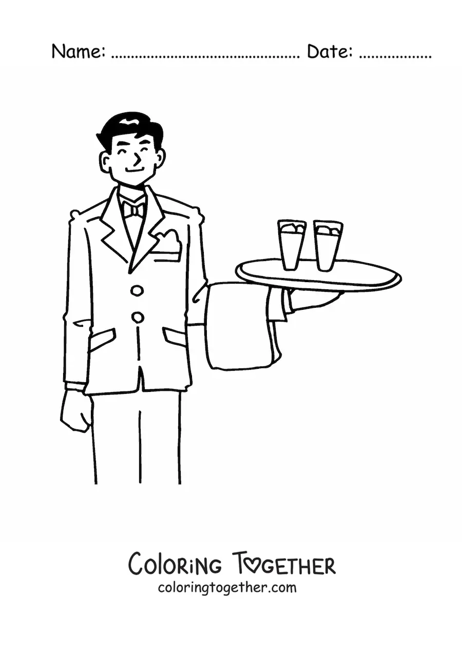 Coloring page of a cartoon waiter carrying a tray with glasses