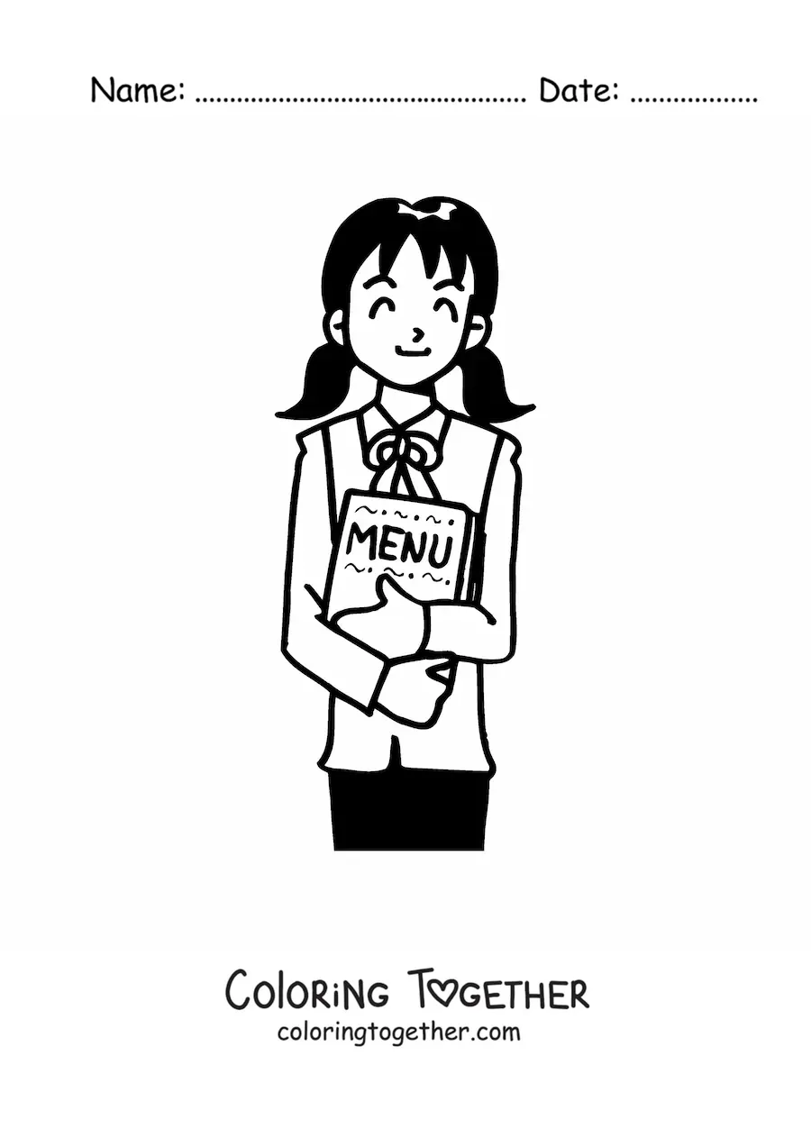 Coloring page of a waitress at a restaurant