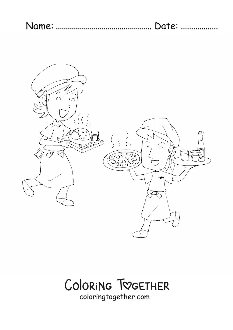 Coloring page of a cartoon of restaurant waiters working