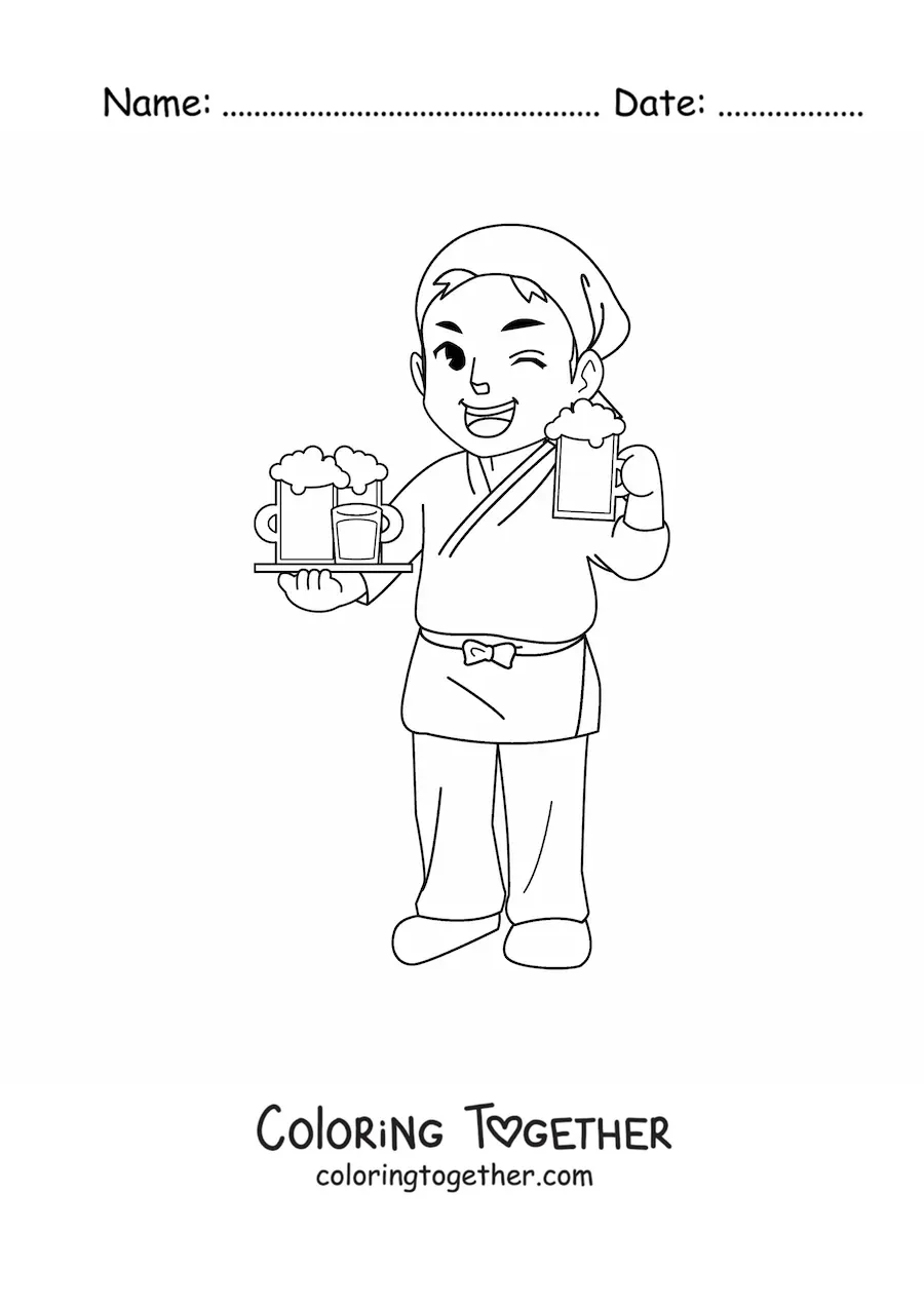 Coloring page of a cartoon bar waiter