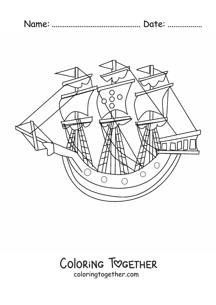 Coloring page of a boat with several sails