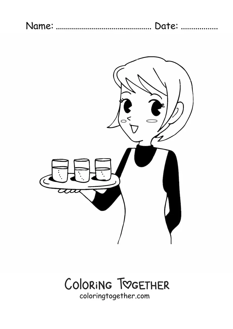 Coloring page of an anime style restaurant waitress