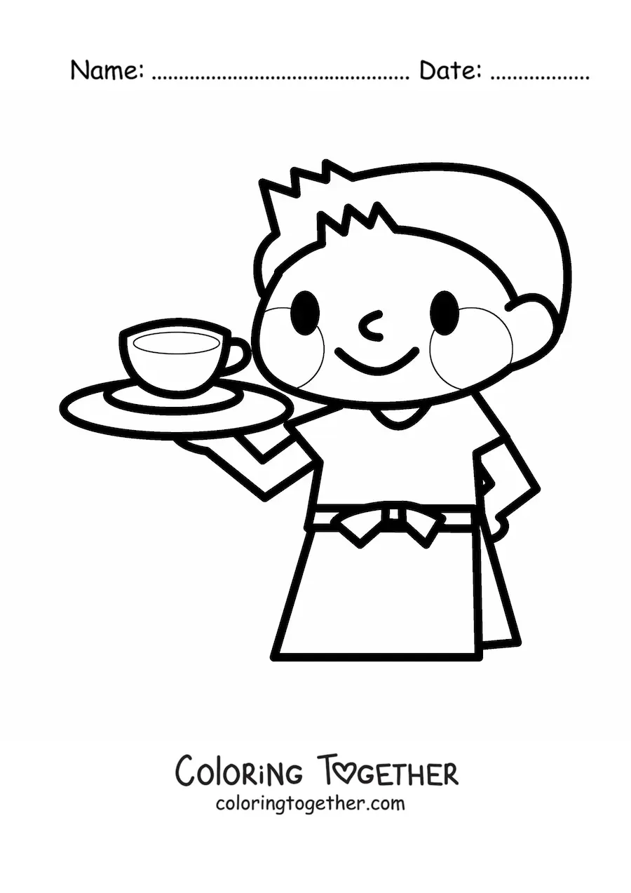 Coloring page of an easy kawaii waiter
