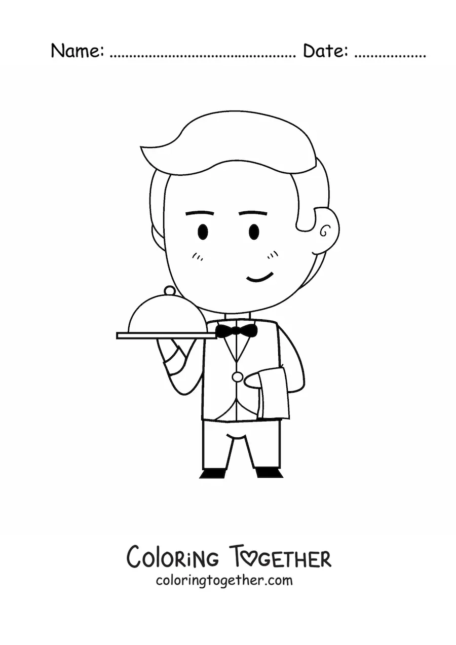 Coloring page of a kawaii cartoon waiter