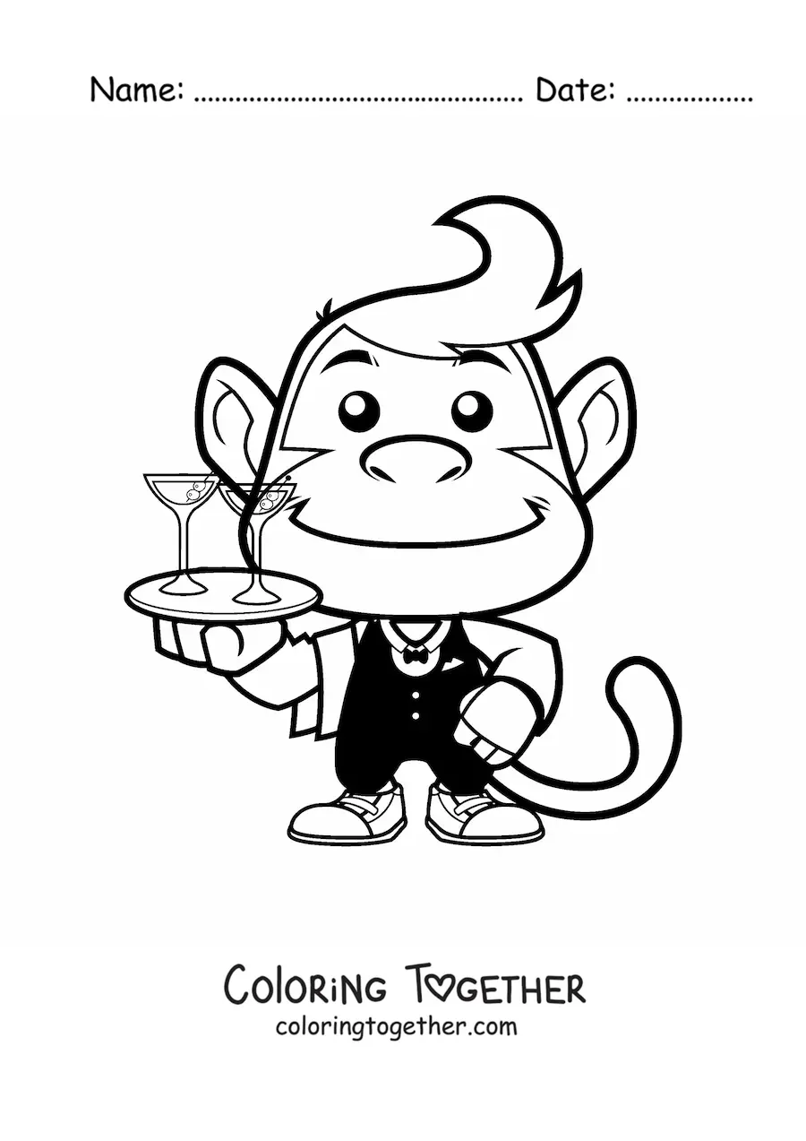 Coloring page of a cartoon monkey working as a waiter