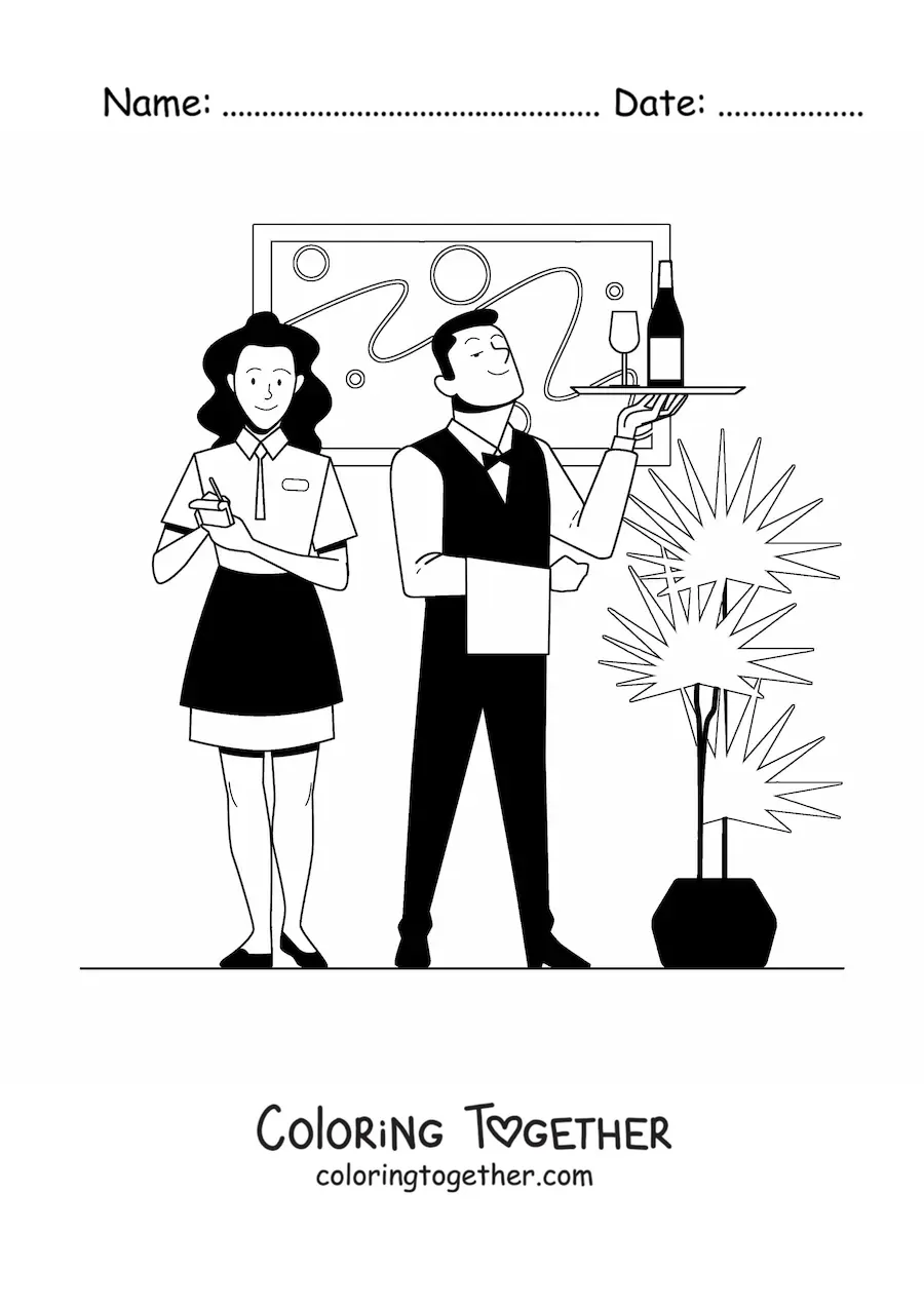 Coloring page of a waitress and waiter at a restaurant