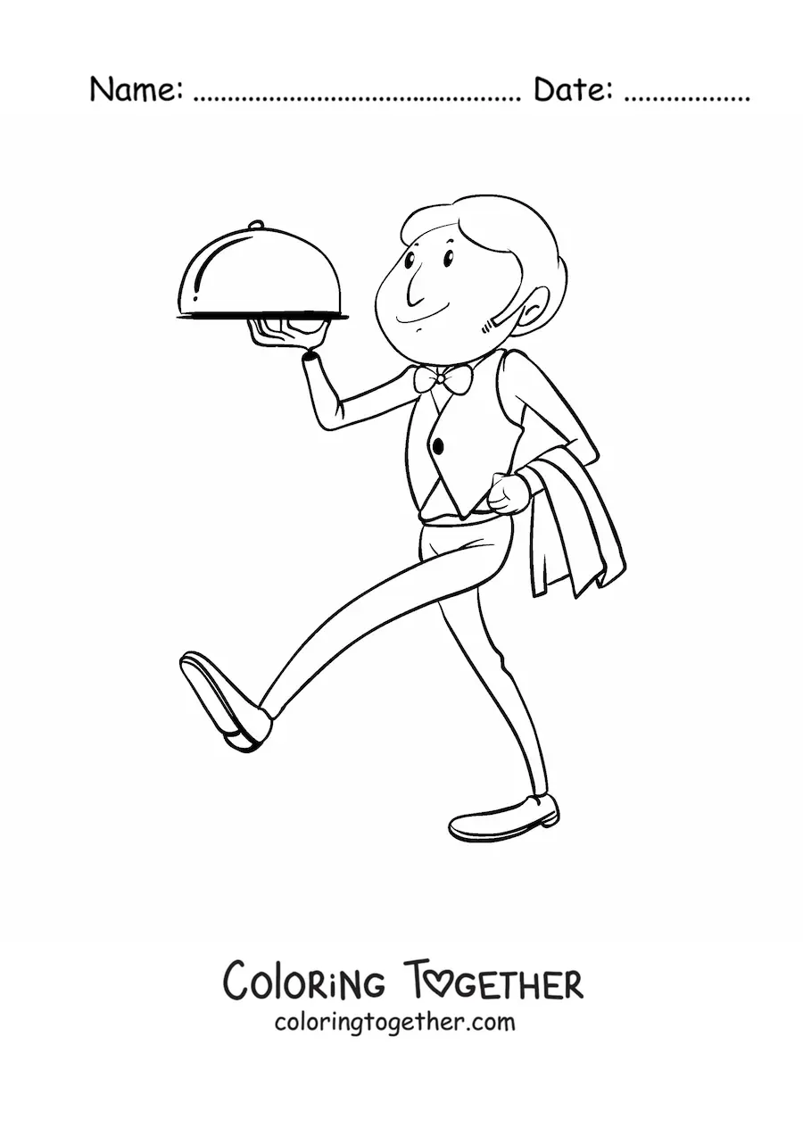 Coloring page of a waiter carrying a tray at a restaurant