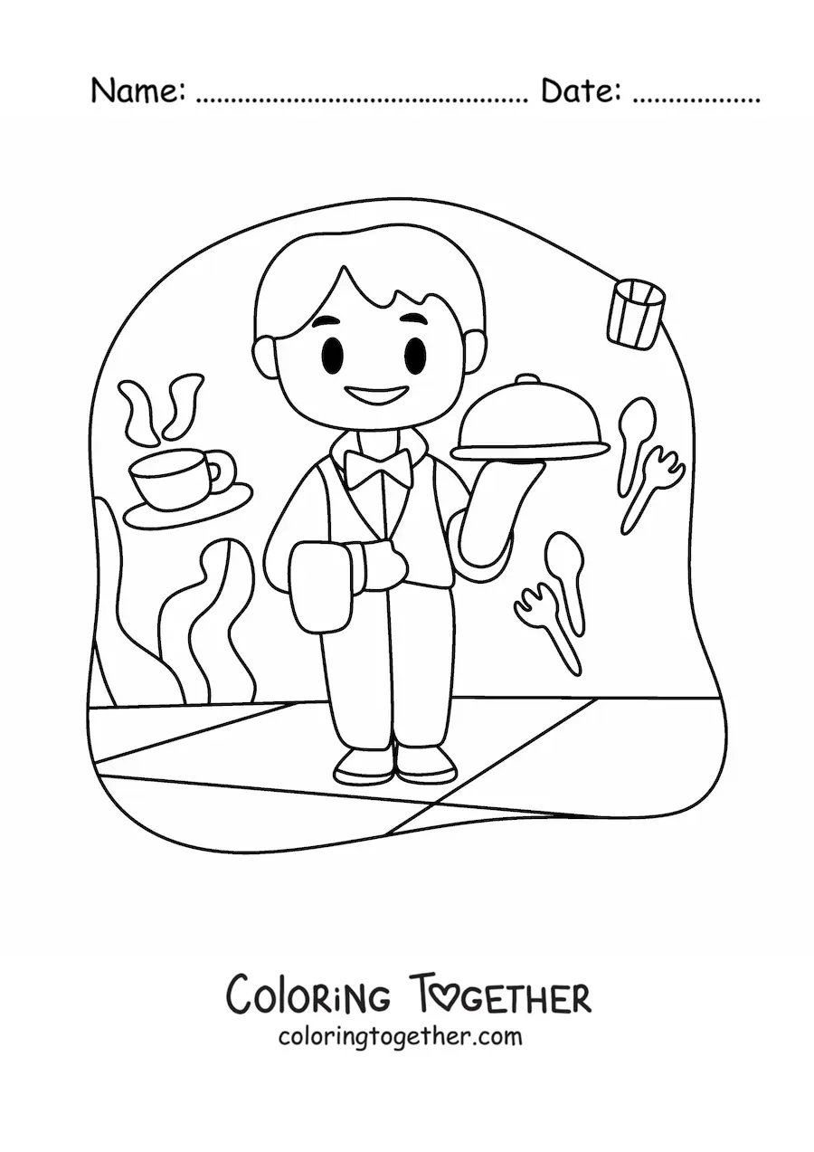 Coloring page of a cartoon waiter carrying a tray at a restaurant