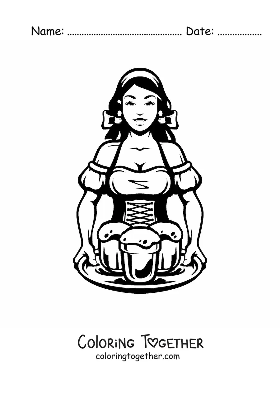 Coloring page of a waitress at a medieval tavern