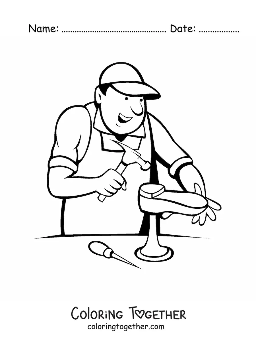 Coloring page of a cartoon shoemaker making footwear