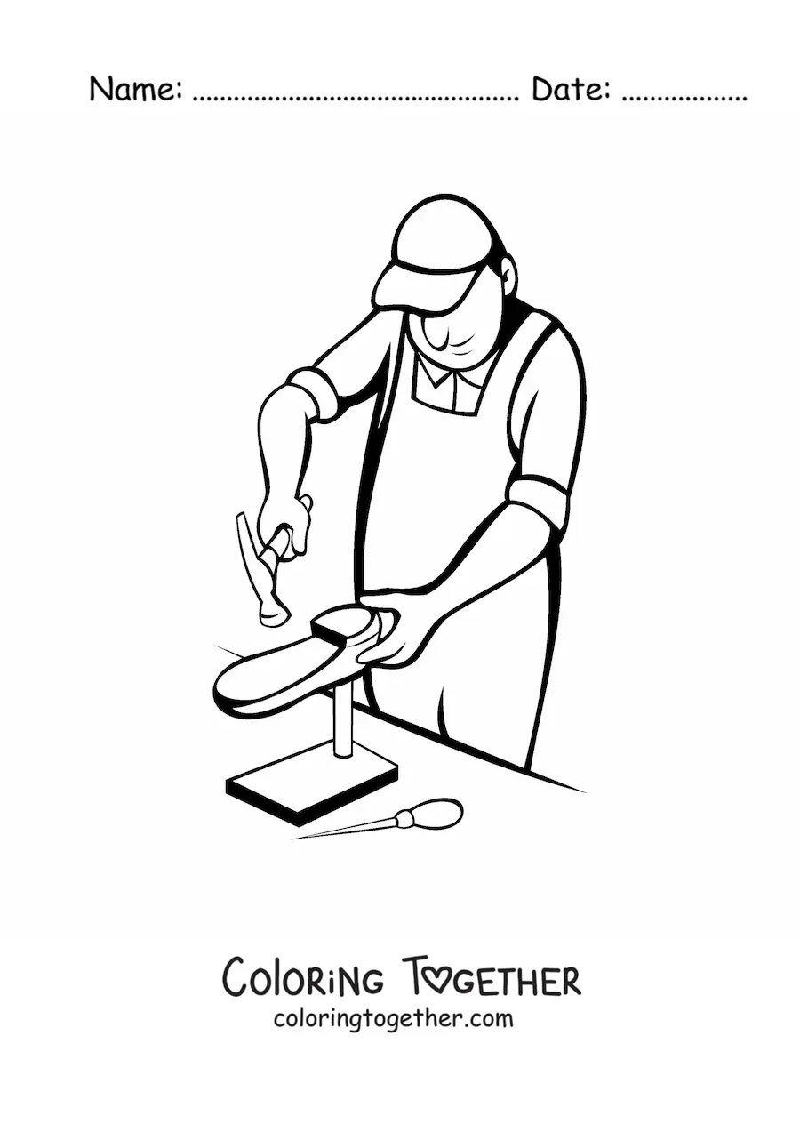 Coloring page of a cartoon shoemaker making a shoe