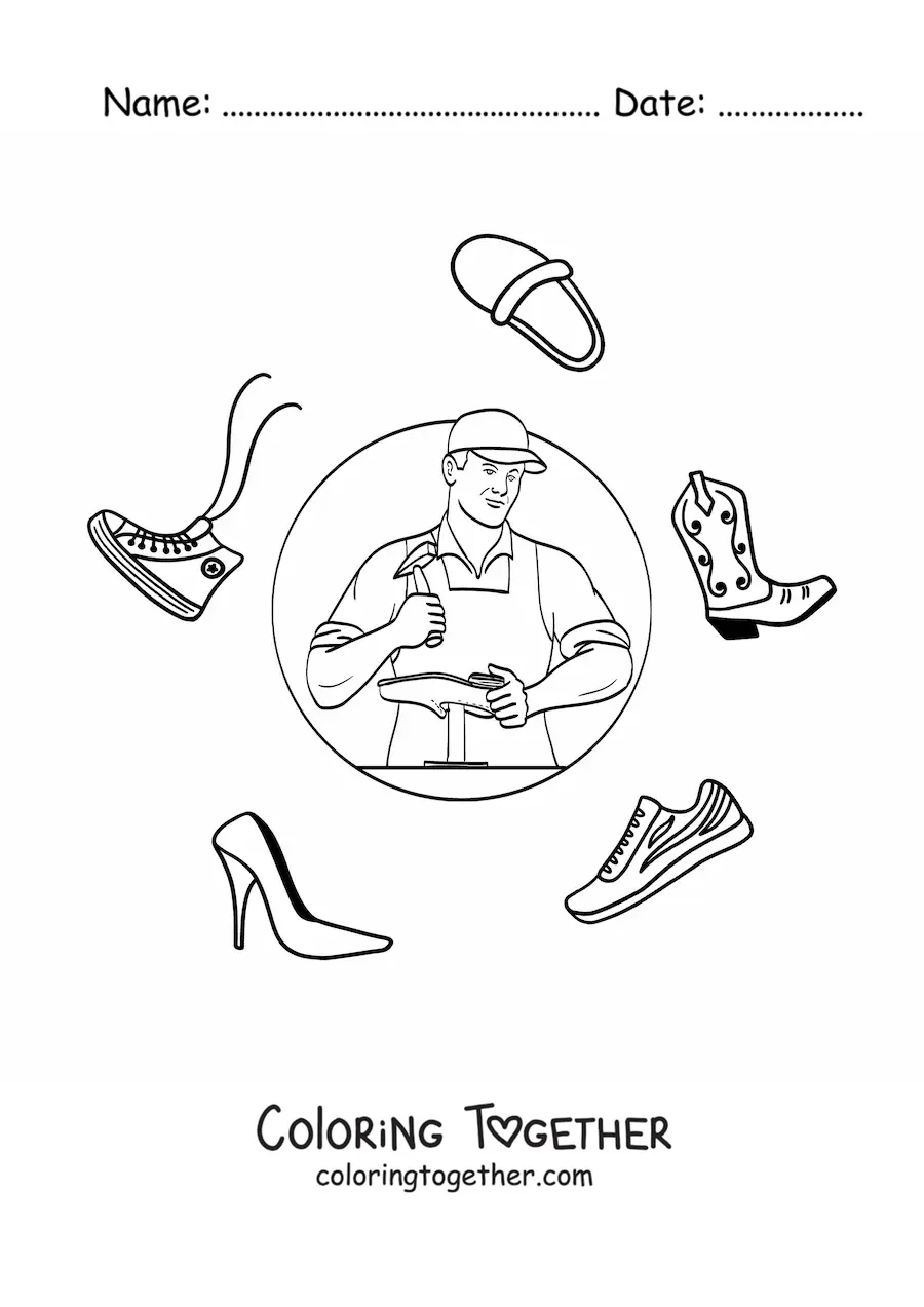 Coloring page of a shoemaker working on a shoe