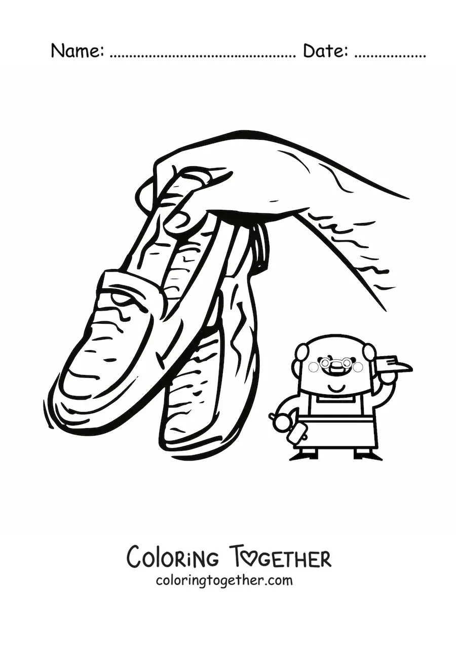 Coloring page of a cartoon artisan shoemaker with a pair of shoes