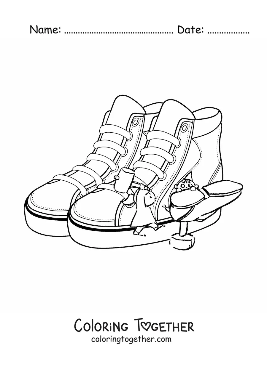 Coloring page of shoemaker elves with a pair of shoes