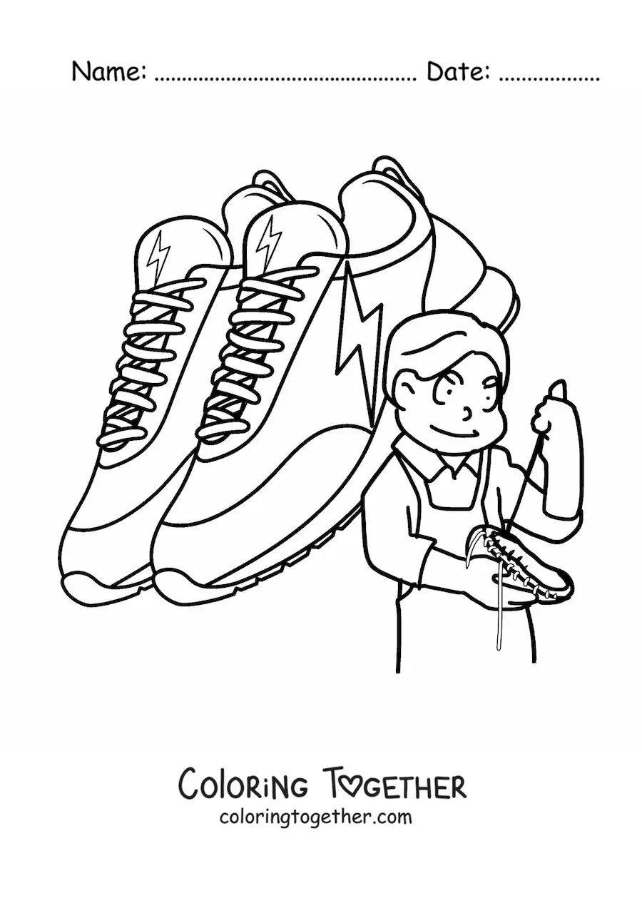 Coloring page of a cartoon man working as a shoemaker with a pair of shoes
