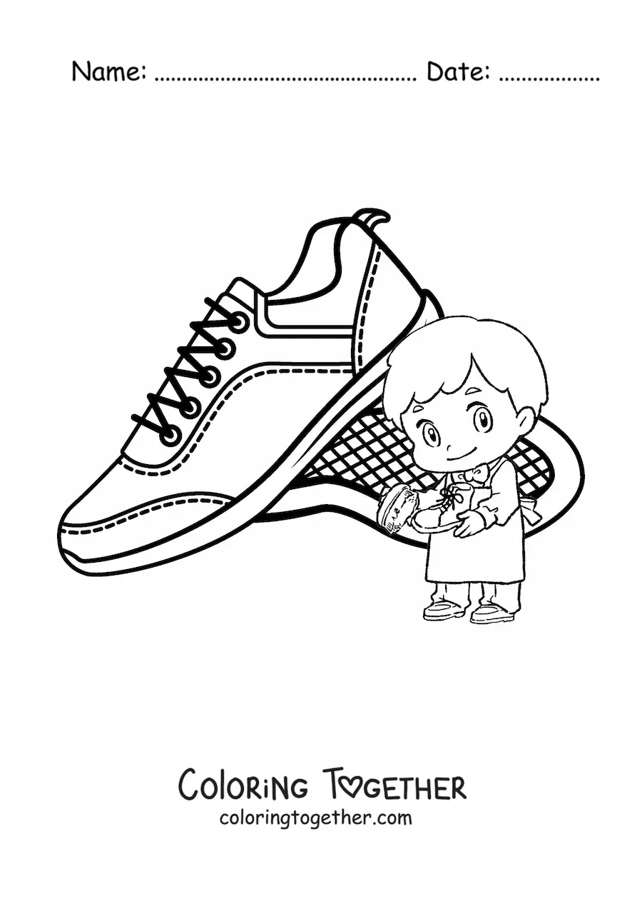 Coloring page of a kawaii shoemaker with a pair of shoes