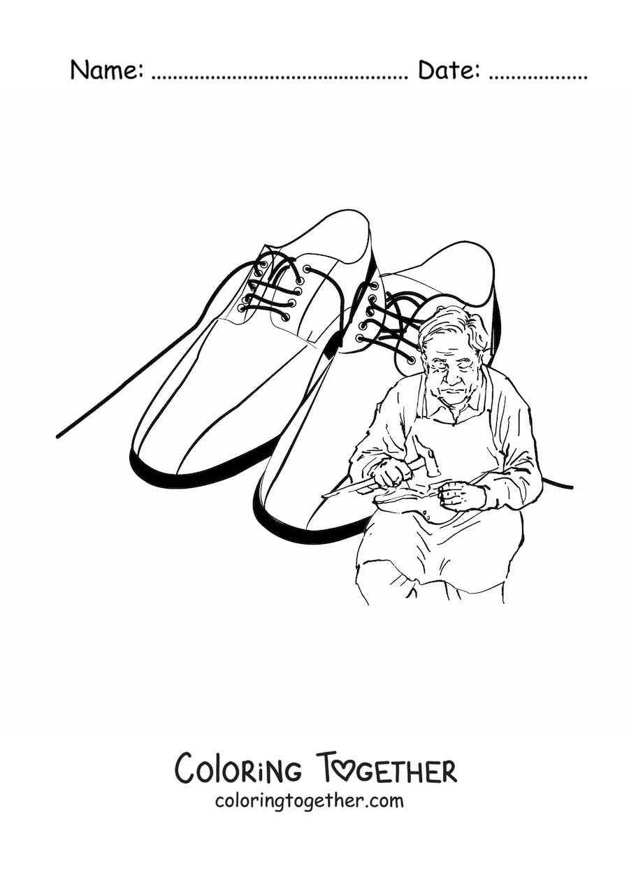 Coloring page of a realistic shoemaker with a pair of shoes