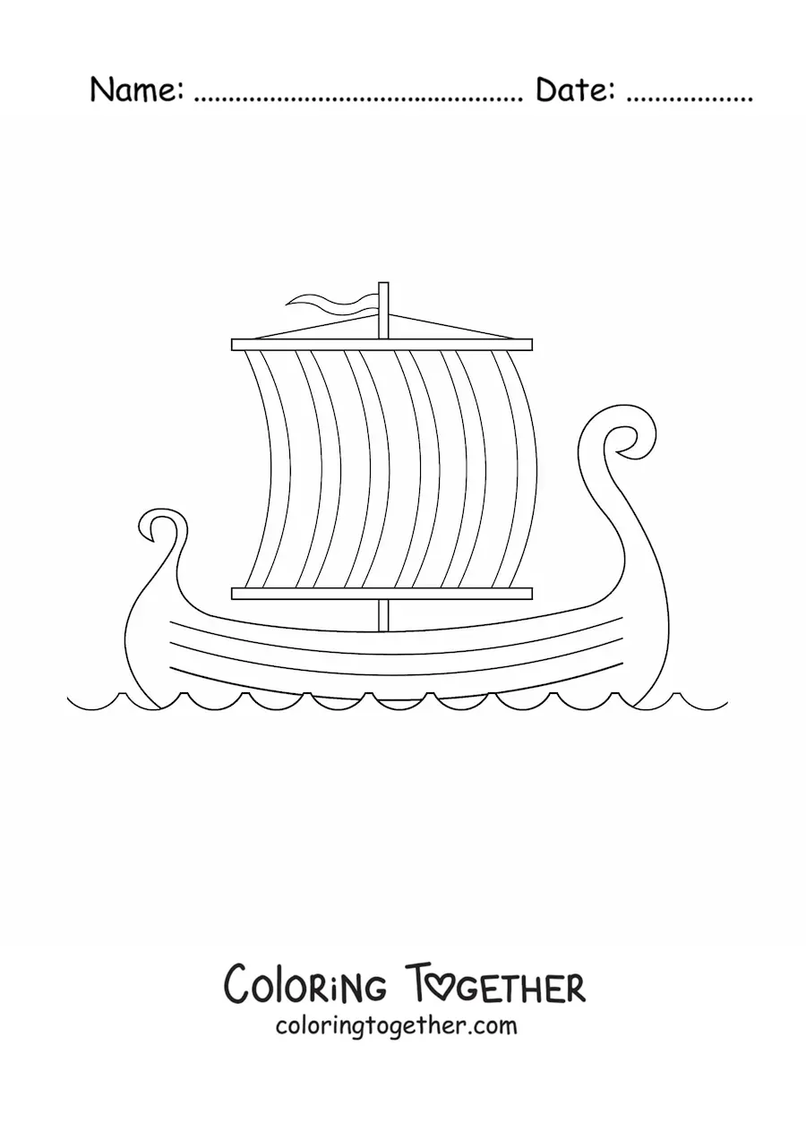 Coloring page of a Viking ship at sea