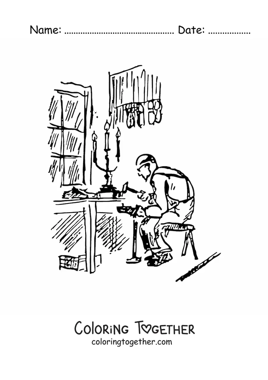 Coloring page of a shoemaker working in his workshop