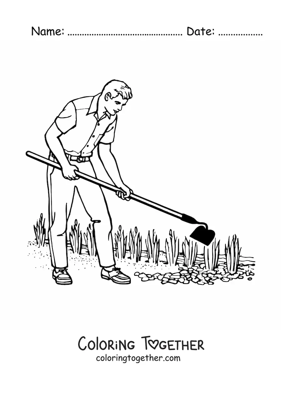 Coloring page of a landscaper working in a garden
