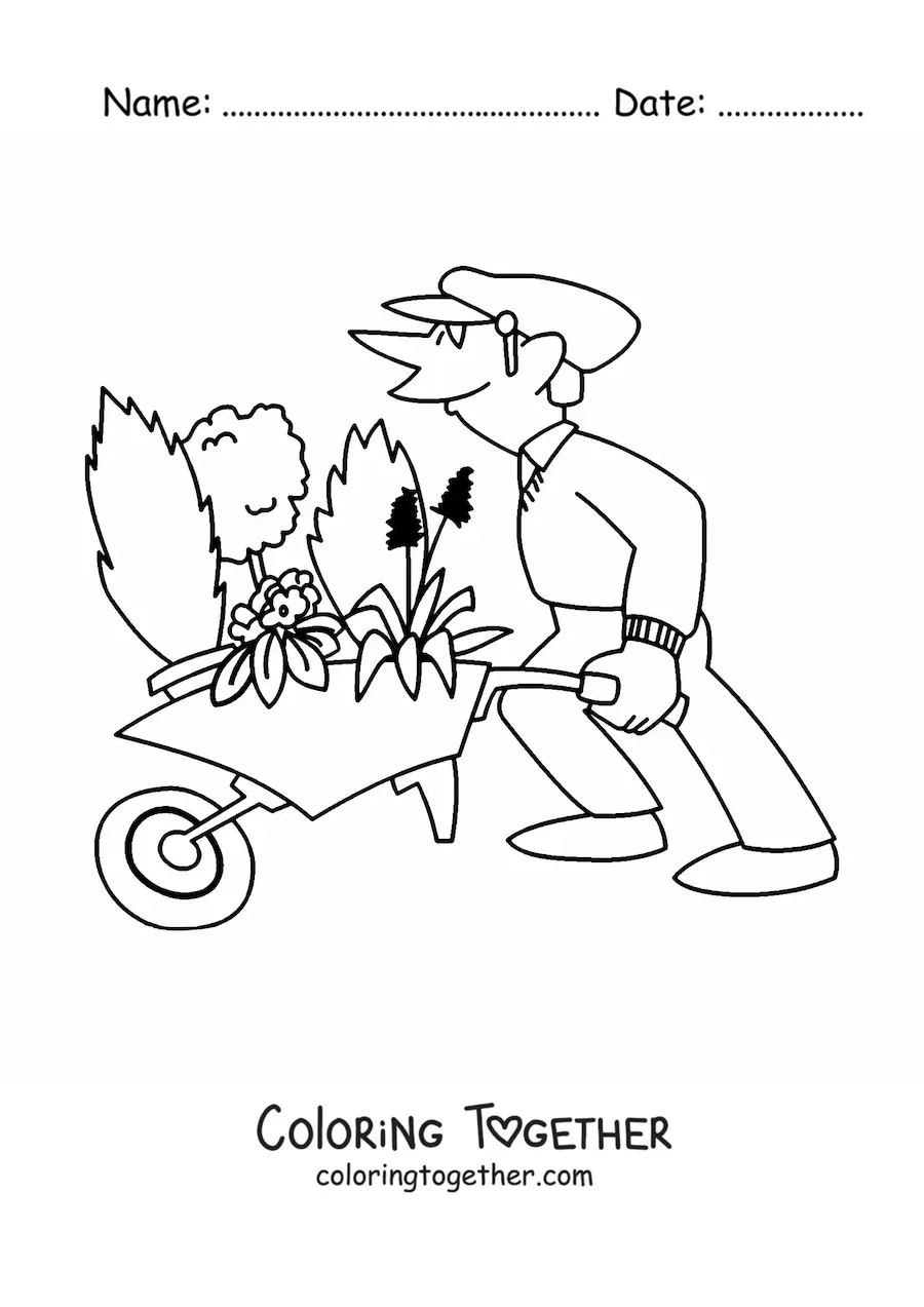 Coloring page of a cartoon of a gardener