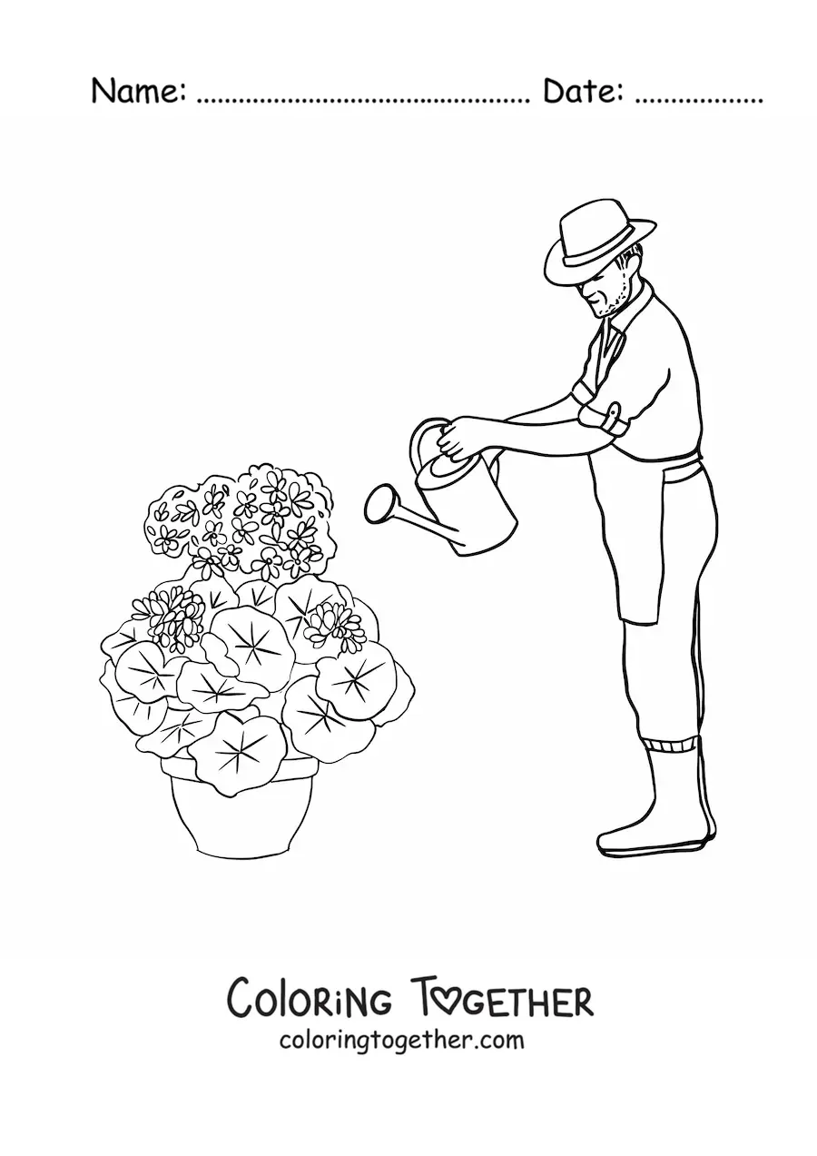 Coloring page of a gardener with a hat watering the plants