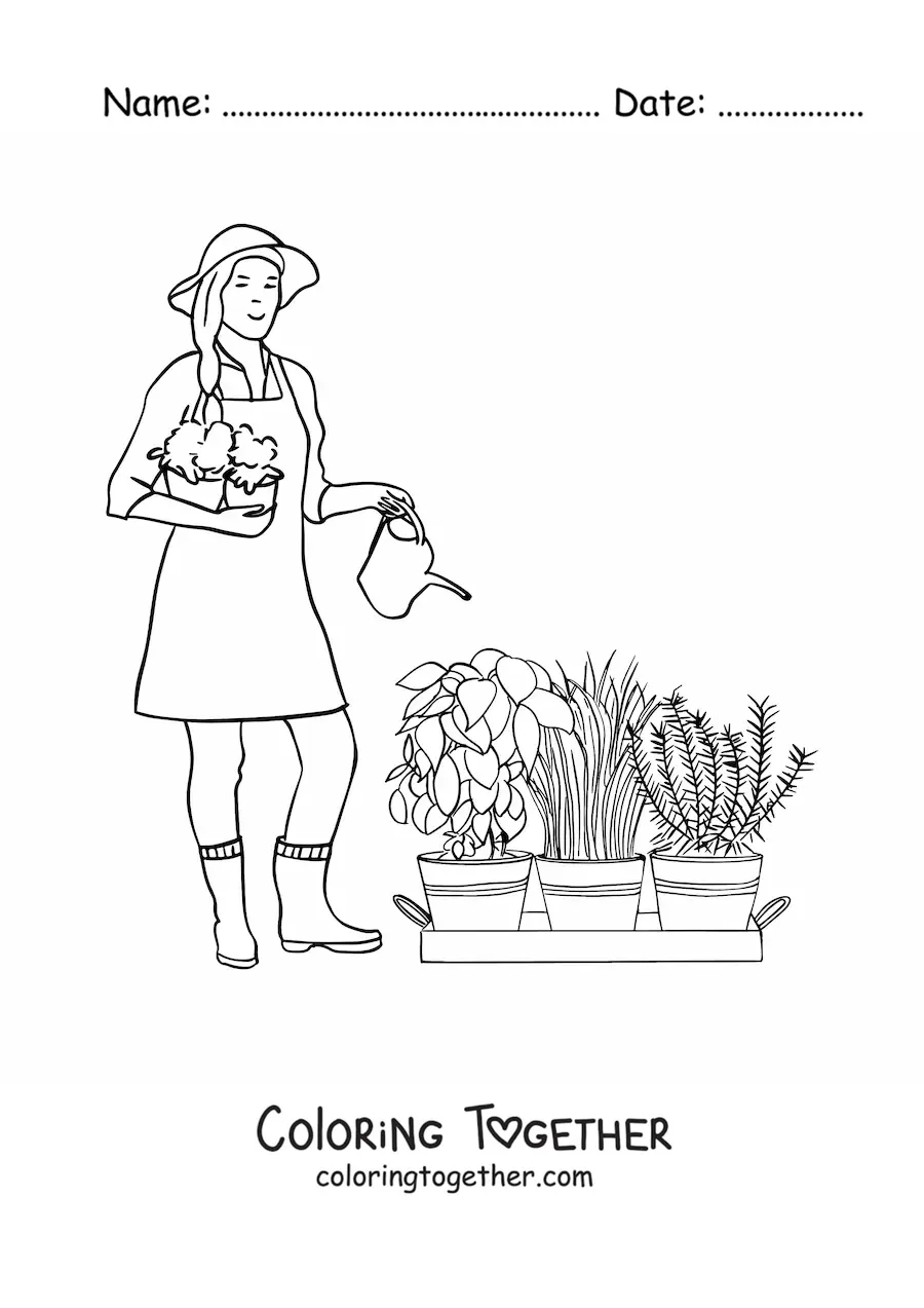 Coloring page of a woman gardener with a hat watering the plants
