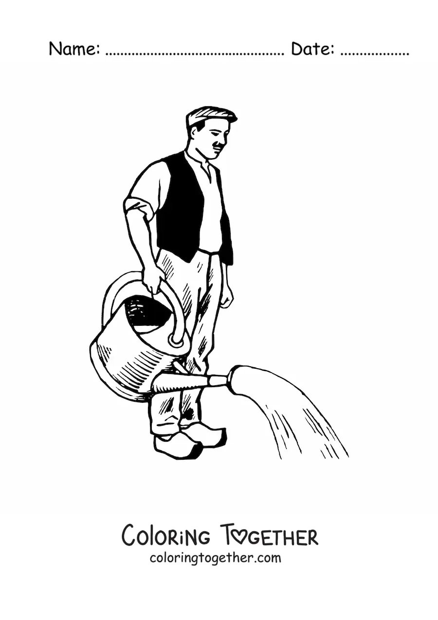 Coloring page of a man working as a gardener watering the plants