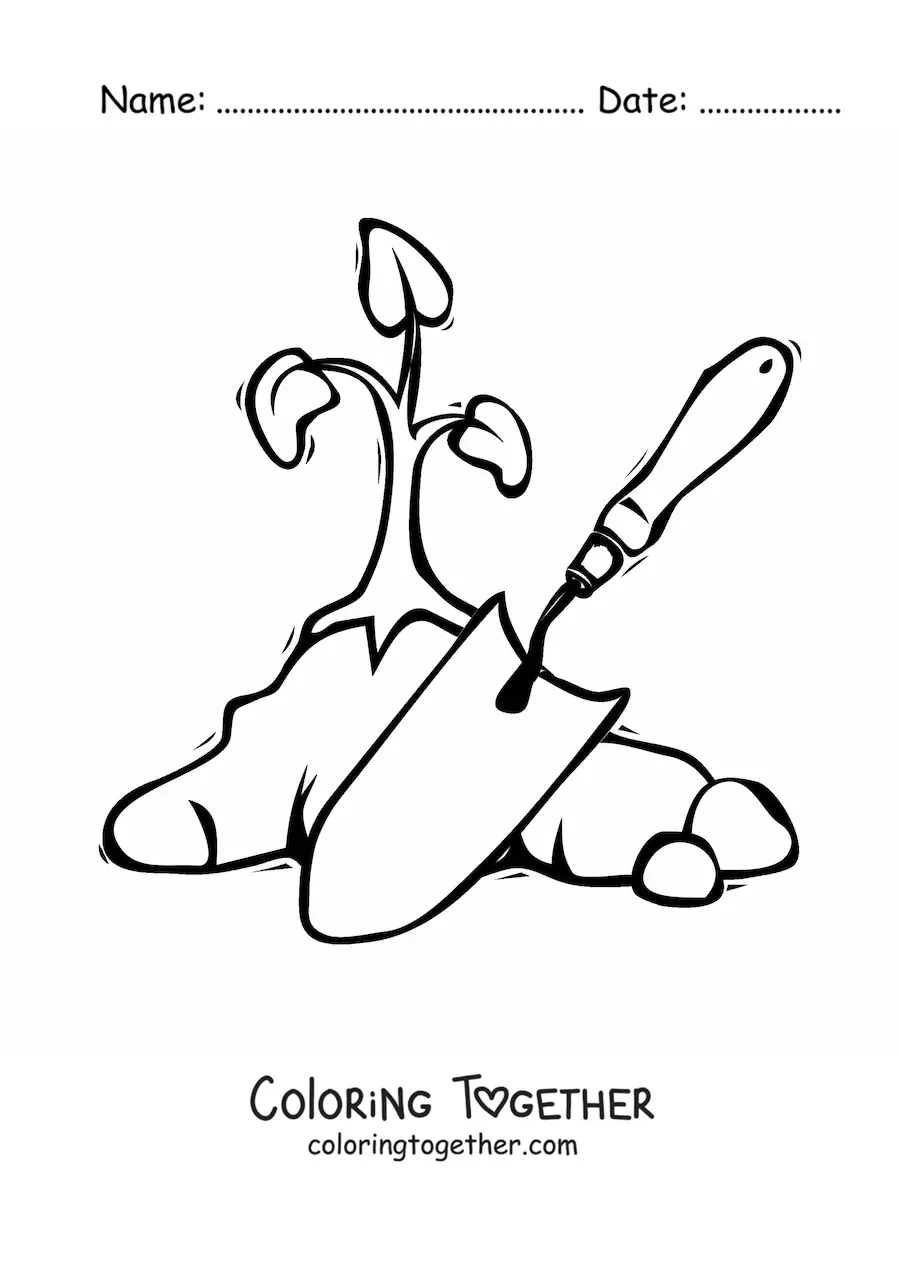 Coloring page of a gardener's shovel next to a plant