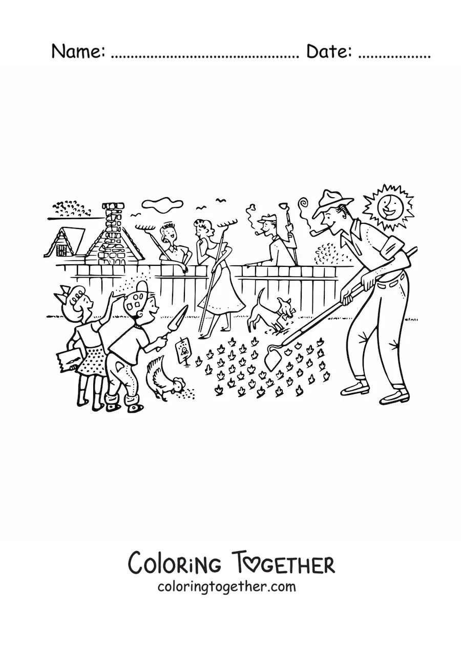 Coloring page of a family with children doing gardening work in the garden