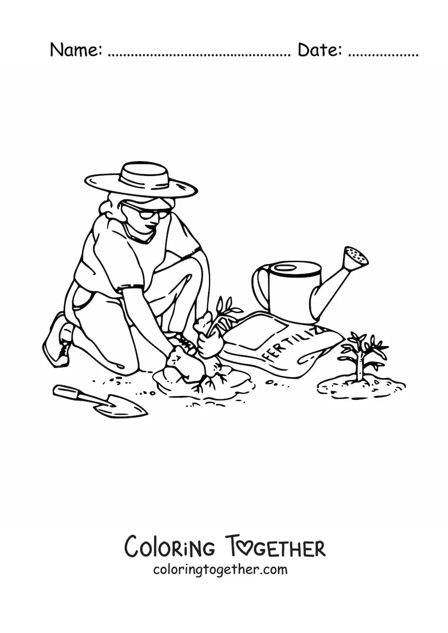 Coloring page of a woman gardener with a hat planting in the garden