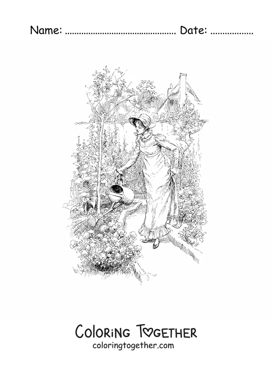 Coloring page of a realistic old-fashioned woman gardener watering the plants