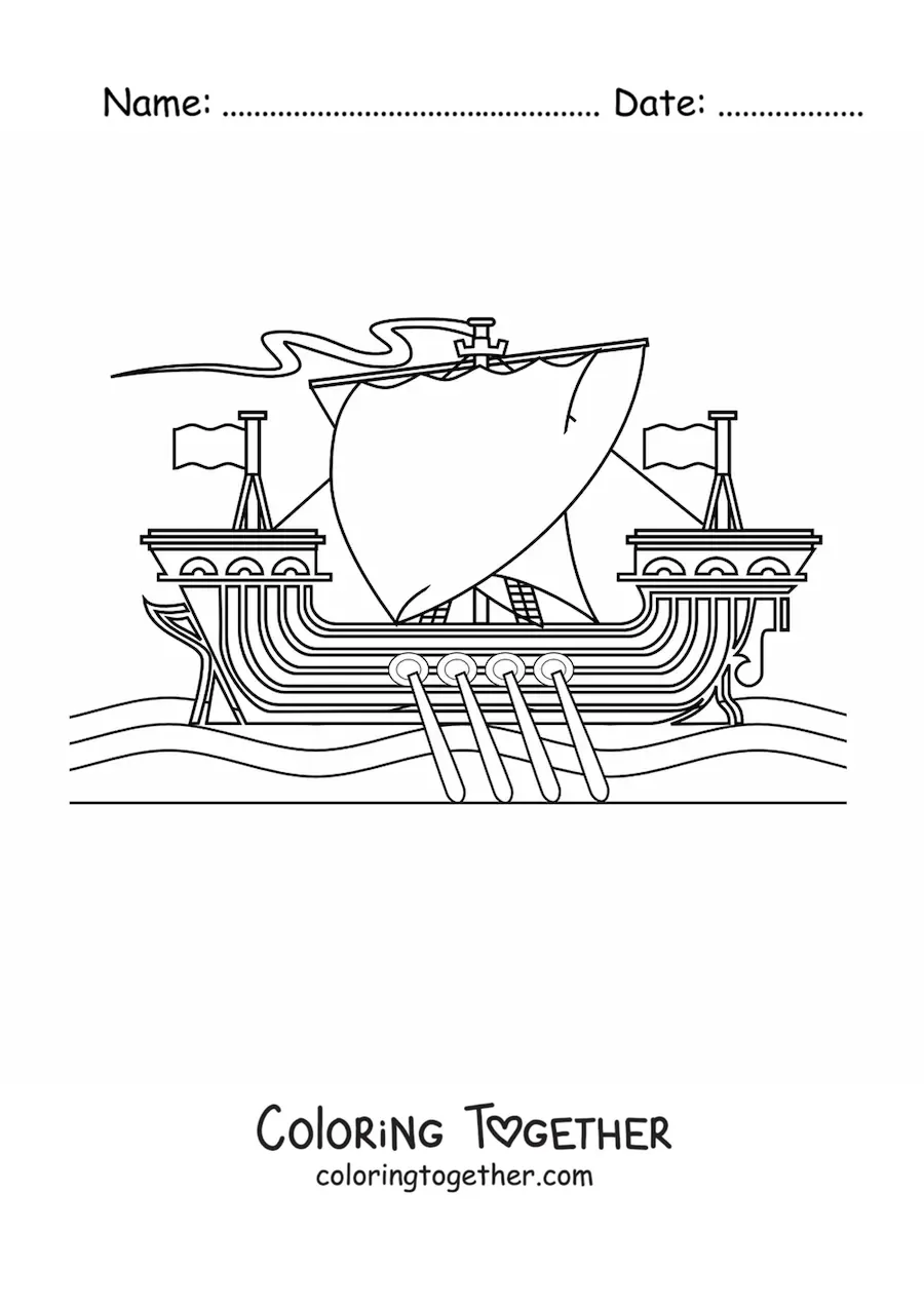 Coloring page of a Viking ship at sea with oars and several sails