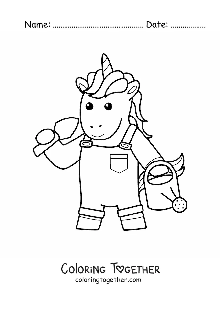 Coloring page of a kawaii cartoon gardener unicorn