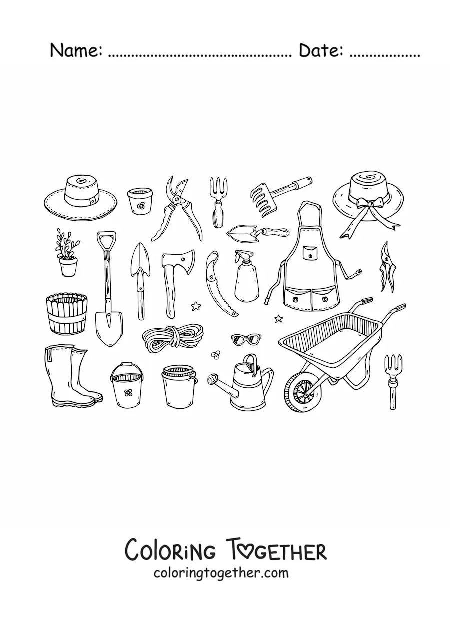 Coloring page of a gardener's tools
