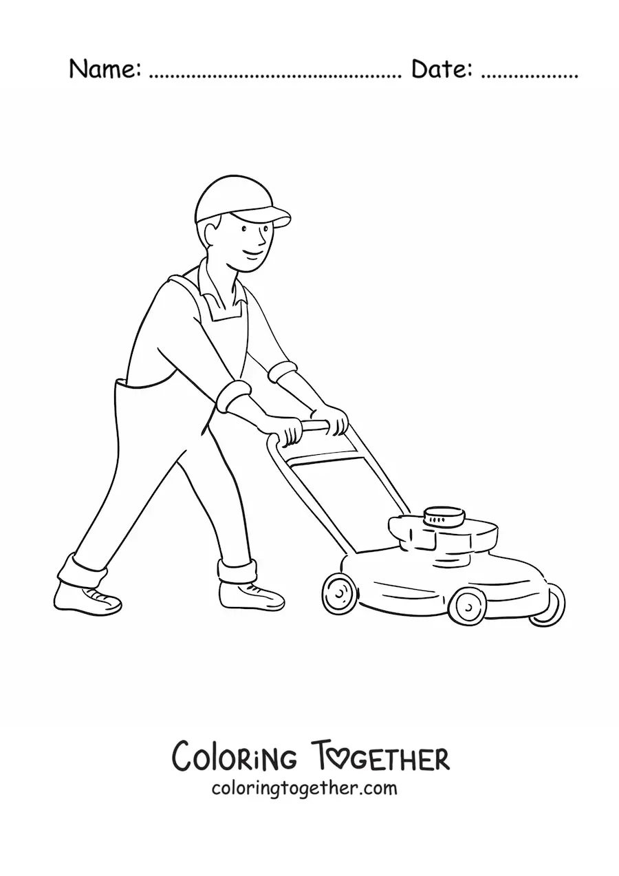 Coloring page of a cartoon gardener mowing the lawn