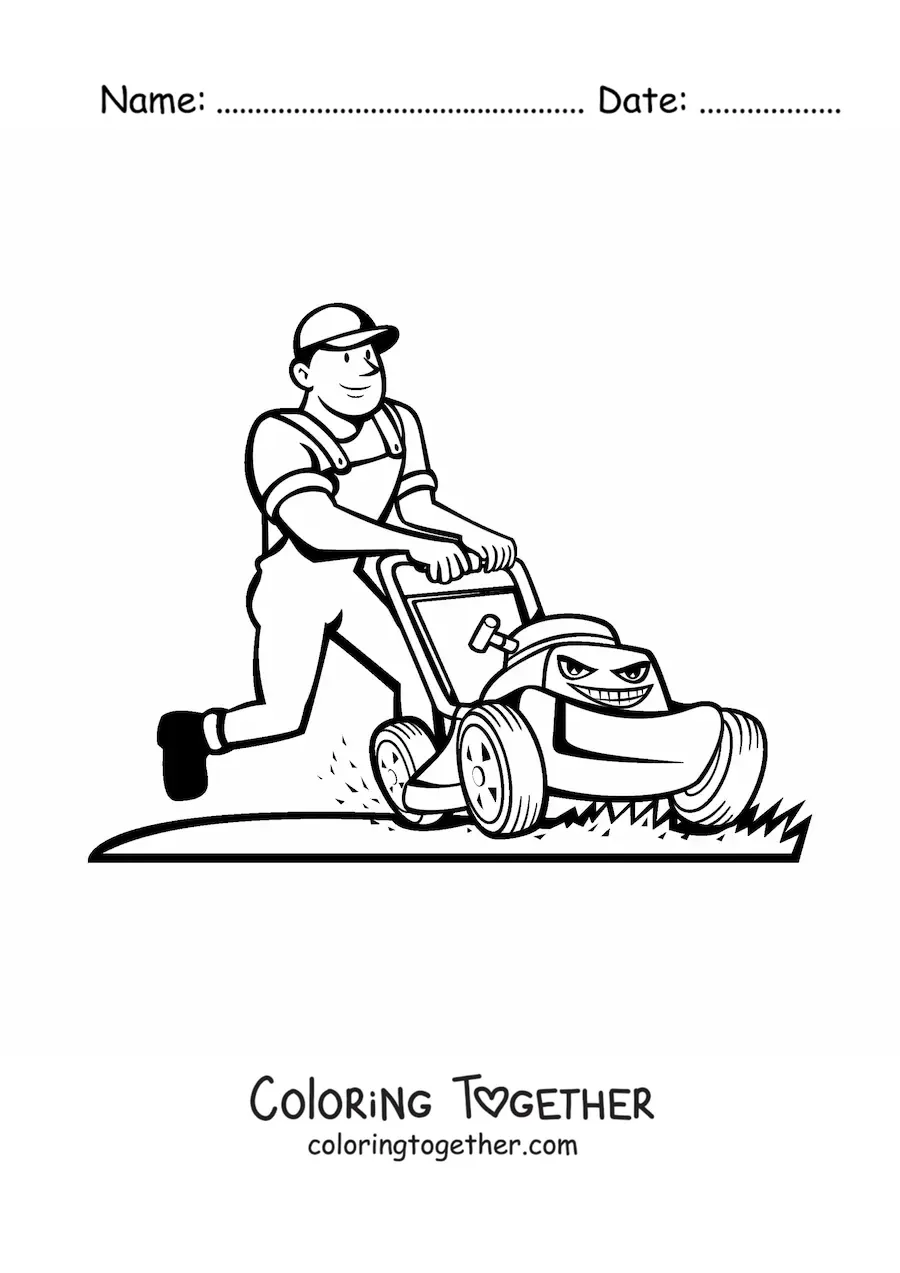 Coloring page of a cartoon of a gardener mowing the lawn