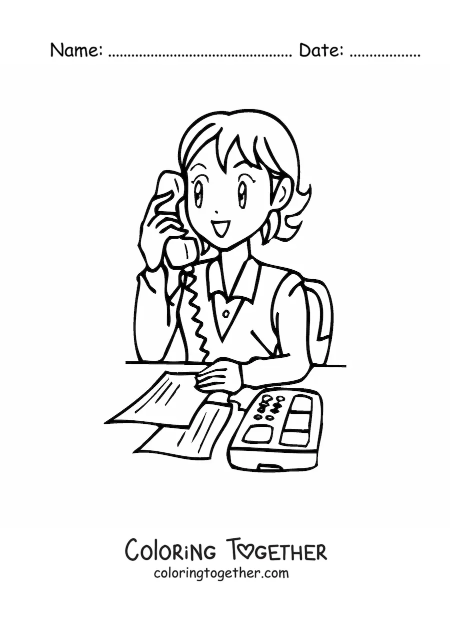 Coloring page of a cartoon secretary talking on the phone