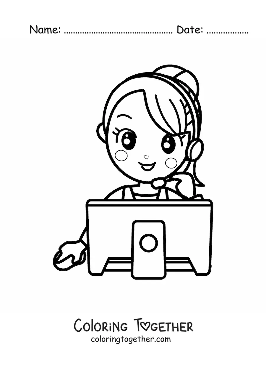 Coloring page of a kawaii secretary talking on the phone in front of the computer