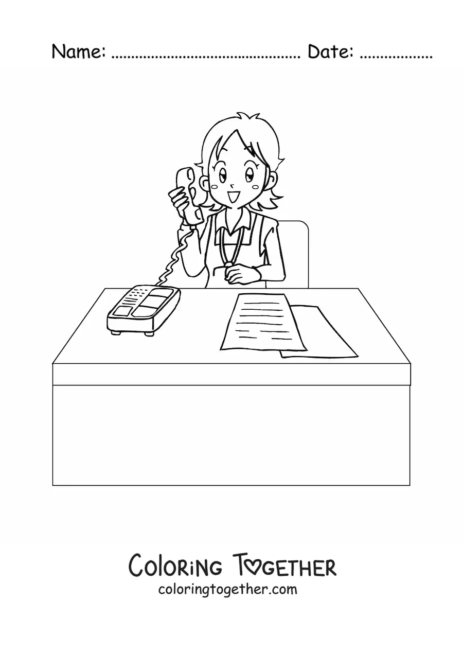 Coloring page of a cartoon secretary talking on the phone in her office