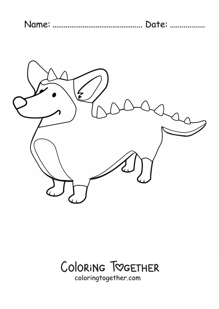 Coloring page of a corgi dressed as a crocodile