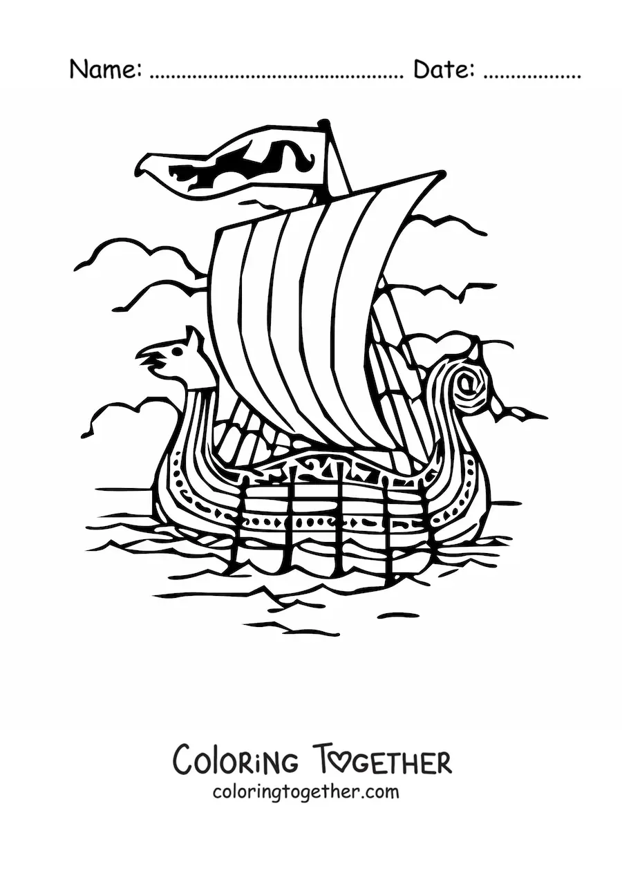 Coloring page of a Viking ship at sea with oars and a bow shaped like an animal head
